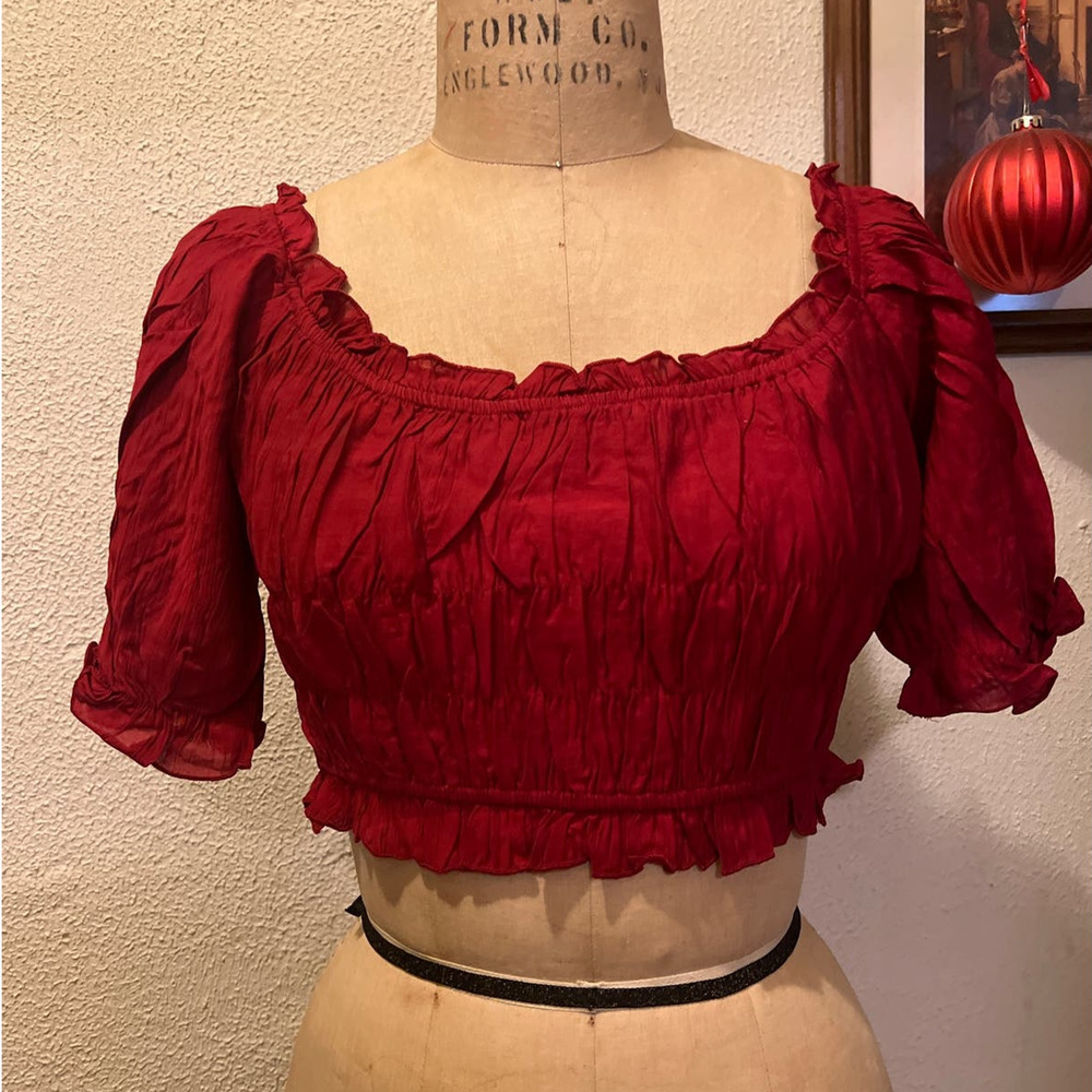 Dark Red Square Neck Ruffled Lantern Sleeve Cropped Top NWT Size XL - Picture 2 of 10